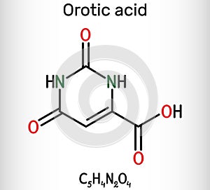 Orotic acid molecule. It is a pyrimidinedione and a carboxylic acid.  Skeletal chemical formula