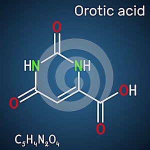 Orotic acid molecule. It is a pyrimidinedione and a carboxylic acid.  Structural chemical formula on the dark blue background