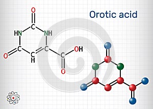 Orotic acid molecule. It is a pyrimidinedione and a carboxylic acid.  Structural chemical formula and molecule model. Sheet of photo
