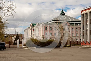 Orphanage-lyceum named after Khazret Medzhidovich Sovmen at 11 Dubensky Street, in the city of Krasnoyarsk, Russia on a spring day