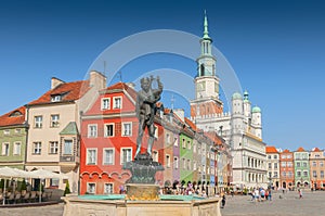 Orpheus statue and Town Hall on old market square, Poznan, Poland