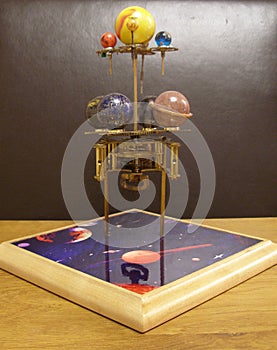 Orrery steampunk art clock with planets of the solar system.