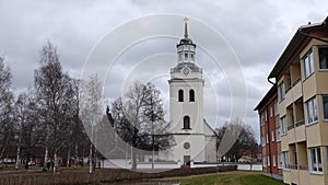 White Church of Orsa town in Sweden in winter time. photo