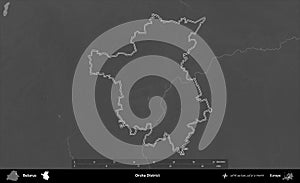 Orsha District outlined, Belarus. Grayscale