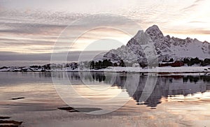 Orsvag near Svolvaer on the Lofoten in winter at sunset