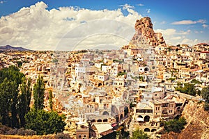 Ortahisar fortress in Cappadocia, popular tourist destination, front view with dynamic sky cloudscape static timelapse