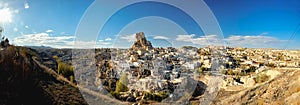 Ortahisar, Ugrup, Cappadocia, Nevshehir, Turkey. Panoramic cityscape view of Ortahisar and Ortahisar Castle