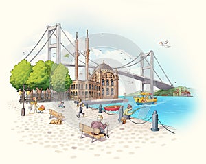 Ortakoy Bosphorus Bridge turkey istanbul historical places ancient city tourist cartoon