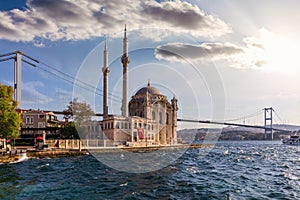 Ortakoy Mosque and the Bosphorus Bridge, sights of Istanbul, Turkey