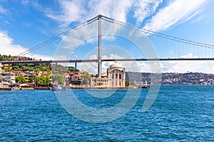 Ortakoy Mosque and the Bosphorus Bridge, view from the ferry, Istanbul, Turkey