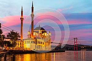 Ortakoy Mosque and the Bosphorus of Istanbul, impressive sunset scenery of the capital of Turkey