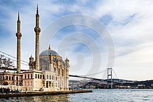 Ortakoy Mosque and the Bosporus in Istanbul, Turkey.