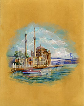 Ortakoy Mosque in Istanbul Turkey. Watercolor painting.