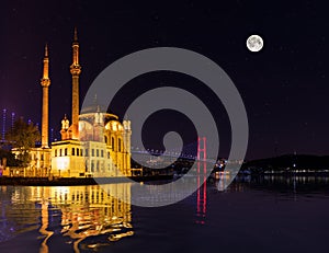 Ortakoy Mosque at night, moonlight view, Istanbul, Turkey