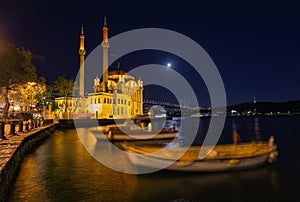 Ortakoy mosque at night near the Bosphorus bridge