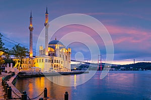 Ortakoy mosque on the shore of Bosphorus in Istanbul Turkey photo