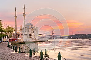 Ortakoy mosque on the shore of Bosphorus in Istanbul in Turkey