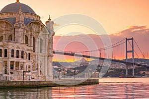 Ortakoy mosque on the shore of Bosphorus in Istanbul in Turkey