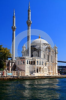 Ortakoy Mosque with two minarets on the shores of the Bosphorus in Istanbul, Turkey