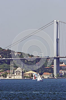 Ortakoy mosque under the bosporus bridge photo