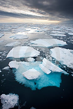 Orthern Arctic ice floes are seen breaking up and melting leading into an atmospheric moody horizon.Climate crisis and global war