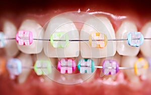 Orthodontic brackets with rubber bands on patient teeth.