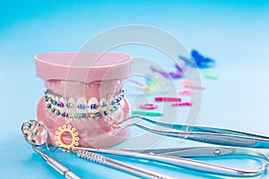 Orthodontic model and dentist tools.