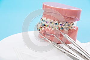Orthodontic model and dentist tools.