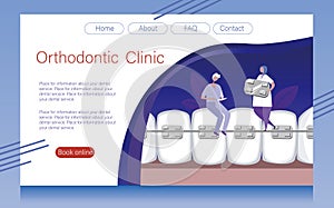 Orthodontic website layout for dental clinic as blank template, flat vector stock illustration with orthodontists, braces