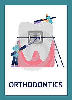 Orthodontics and aesthetic dentistry procedures banner flat vector illustration.