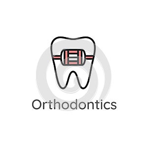Orthodontics. Tooth with metal braces or bracket system. Dental icon or illustration photo