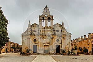 Orthodox Arkadi Monastery, Crete, Greece. Venetian baroque church in the centre of the courtyard at Moni Arkadiou.National symbol