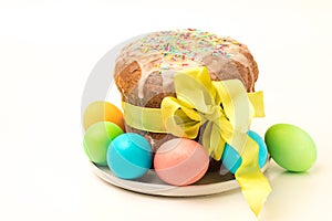 Orthodox baking for the Easter Spring Festival. Traditional cakes and painted eggs. Baking sprinkled with icing,