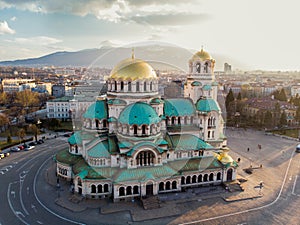 Orthodox Cathedral Alexander Nevsky, in Sofia, Bulgaria. Aerial photography in the sunset