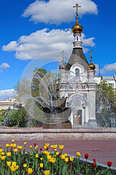 Orthodox chapel and fountain in Yekaterinburg