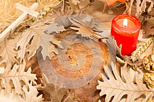 Orthodox Christmas bread covered with Yule log leaves