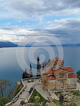 the orthodox church from 1400 located on lake ohrid