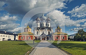 Orthodox church against the background of a stormy sky in the Tikhvin Bogorodichny Uspensky Male Monastery