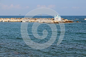 orthodox church (agios dionysios d\'olymbos) and mediterranean sea in galatas in crete