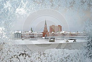 Orthodox Church building view from the snow-covered window