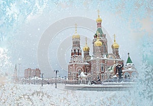 Orthodox Church building view from the snow-covered window