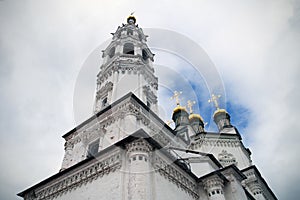 Orthodox church cupola and gold crosses