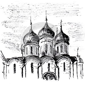 Orthodox church domes. Hand drawn sketch with black ballpoint pen on paper texture. Isolated on white. Bitmap