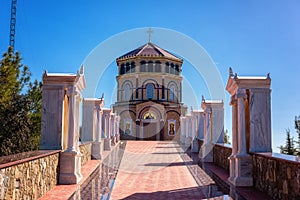 Orthodox church at the hill Panayia Sto Throni over the famous Kykkos monastery, Cyprus. Beautiful architectural landmark