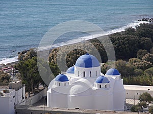 Orthodox Church of Holy Cross in the city of Perissa, Santorini island Greece.