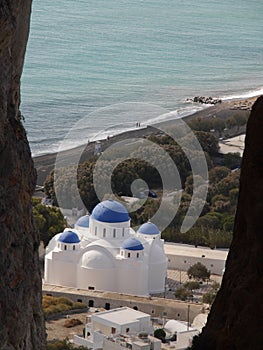 Orthodox Church of Holy Cross in the city of Perissa, Santorini island Greece.