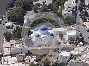 Orthodox Church of Holy Cross in the city of Perissa, Santorini island Greece.