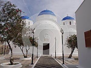 Orthodox Church of Holy Cross in the city of Perissa, Santorini island Greece.