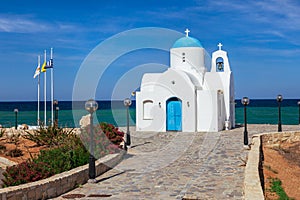 Orthodox church near of Protaras and Cavo Greco, Cyprus island, Mediterranean Sea. Bright sunny day
