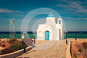 Orthodox church near of Protaras and Cavo Greco, Cyprus island, Mediterranean Sea. Bright sunny day. Retro vintage toned image,